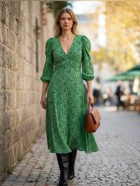 Mango Green V-Neck Puff Sleeve Midi Dress